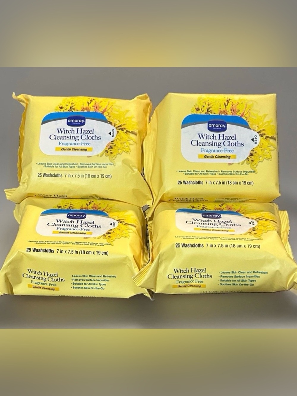 Amoray Witch Hazel Cleansing Cloths — Fragrance Free, Yellow 4 Pack